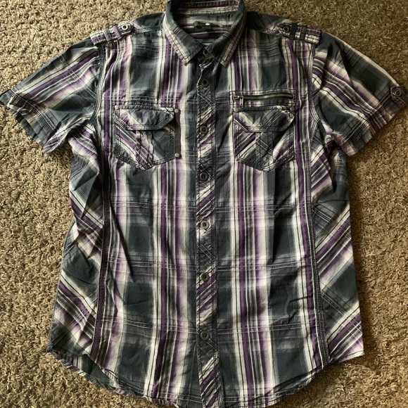 Men's Gray and Purple Plaid Shirt - Picture 1 of 2